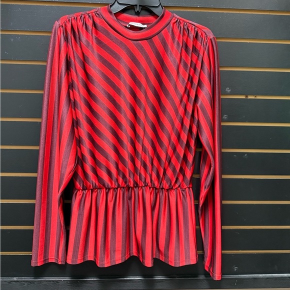 Zara Trafaluc Red & Burgundy Striped Long Sleeve Peplum Top | Size S/S18 - Picture 1 of 4